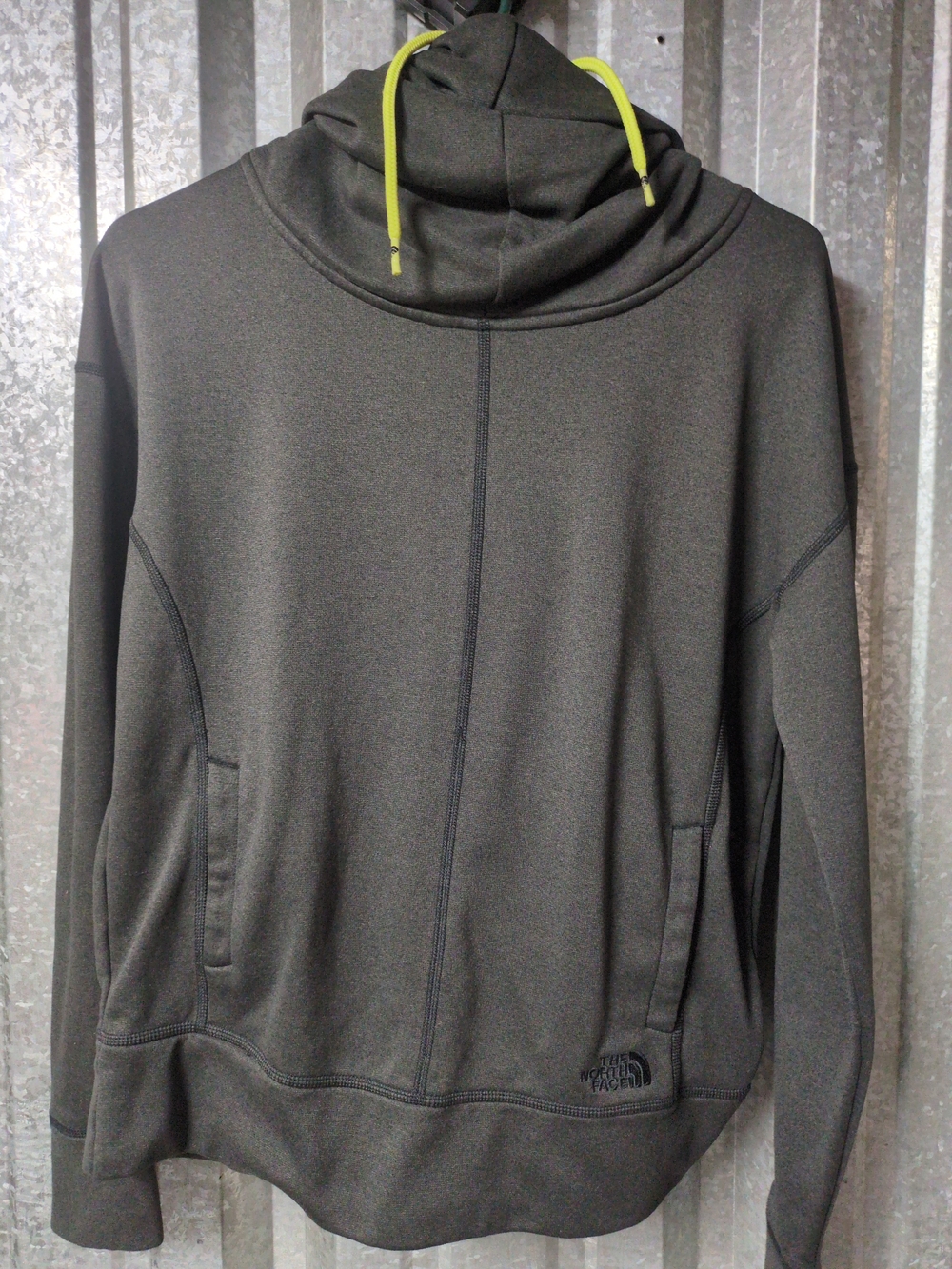 The North Face Charcoal Hooded Performance Pullover with Neon Yellow Drawcords